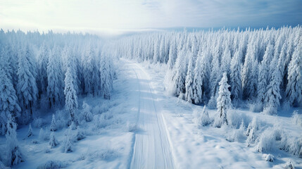 Winter road to the mountain. - obrazy, fototapety, plakaty