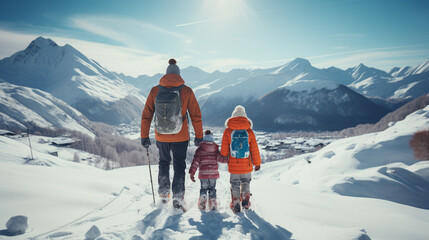 Family enjoying winter time at a ski resort - obrazy, fototapety, plakaty