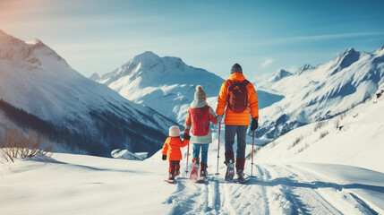 Happy family in winter clothing at the ski resort, winter time, watching at mountains - obrazy, fototapety, plakaty