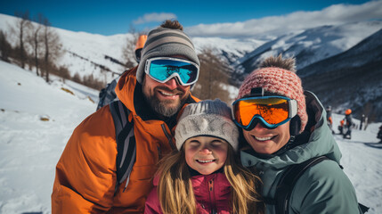 Happy family in winter clothing at the ski resort, winter time, watching at mountains