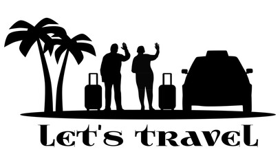 Traveler full body silhouette. Elderly couple, seniors with suitcase, tourists, palm trees, taxi car transport. Black vector illustrations isolated on white background.