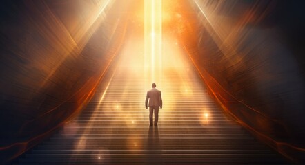 Going Upstairs Towards Hope: Businessman Climbing Stairs towards a Bright and Optimistic Future - obrazy, fototapety, plakaty