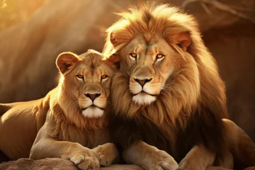 Fotobehang Lions In Love - Romantic Moment of Wild African Lion Couple on Safari © AIGen