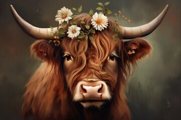 Oil Painting of Highland Cow with Flower Crown in Rustic Farm Setting - obrazy, fototapety, plakaty