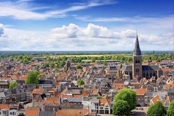 Fototapeta na wymiar Panoramic View of Delft: A Stunning Aerial Panorama of the Red-Tiled Rooftops in the Downtown Streets of Holland