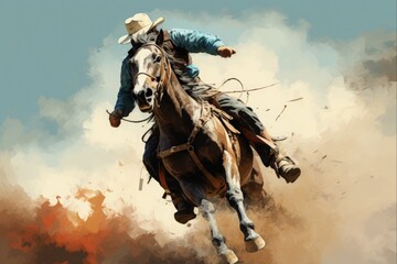 Riding the Bucking Bronc: A Thrilling Cowboy Action in Dusty Rodeo Arena - obrazy, fototapety, plakaty