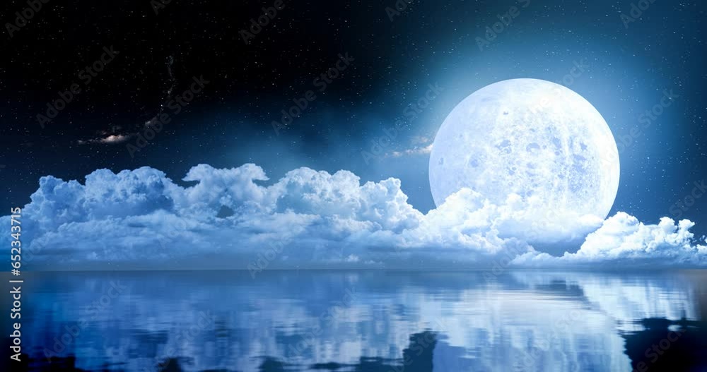 Wall mural the sky or space has a large moon. cumulus clouds cover the large lunar surface and the constellatio
