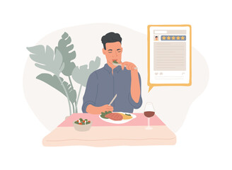 Food critic isolated concept vector illustration. Analyze food, restaurant chef, write review, rating, expert opinion, culinary show, undercover guest, travel guide vector concept.