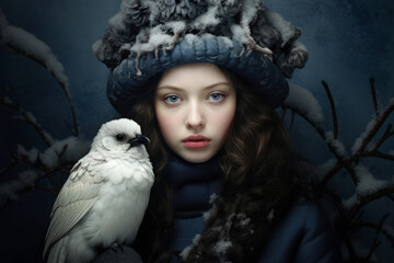 Romantic digital portrait of a beautiful young woman, dressed in winter clothing, and holding a white bird. Winter themed fantasy image in an old fashioned style.