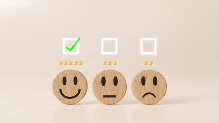 Give rating giving rating with happy icon to service experience on online application, Customer review satisfaction feedback survey concept. Evaluate quality. rank of business. 3d render illustration