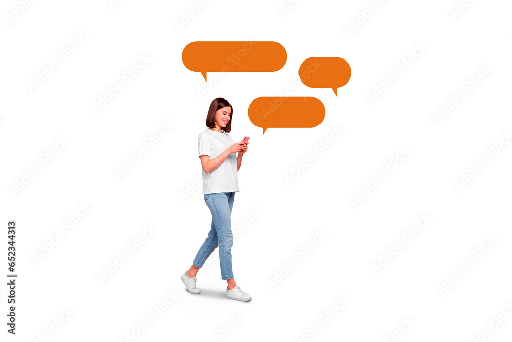 Poster billboard creative collage of young smiling girl walk use modern device typing texting sms isolated 