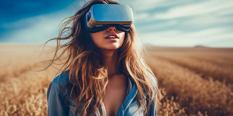 Foto op Plexiglas Captivating woman in vast plain, escaping reality with her virtual reality headset. Embodying freedom and multi-verse adventure through immersive technology. © XaMaps