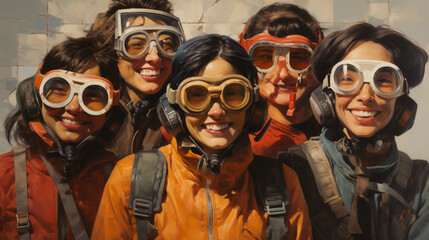 a group of people in protective glasses and suits - obrazy, fototapety, plakaty