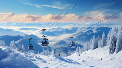 People are lifting on ski-lift in the mountains - Powered by Adobe