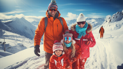 Portrait of a sporting family in equipment at a ski resort - obrazy, fototapety, plakaty