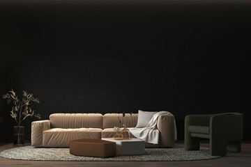 Brown sofa and grey pillows against empty wall background. Minimalist style home interior design of...
