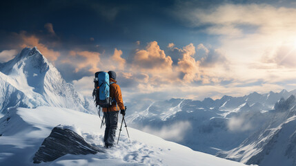 Fototapeta na wymiar Young man with backpack trekking through mountains. Tourist stand on the winter background of the landscape and blue sky