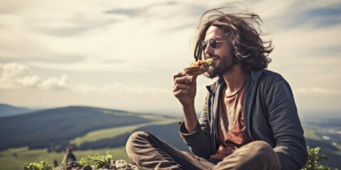 A man enjoys a vegan burger in nature, cherishing freedom. The serene scenery is enhanced by a cold, muted color theme, reflecting tranquility and veganism.