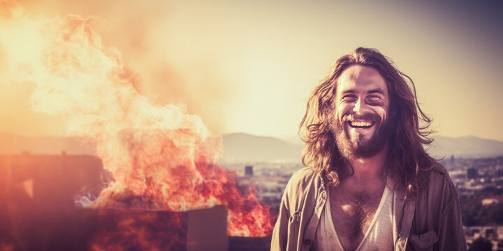 Provocative image of jubilant hippie man embodying freedom amidst a cold, desaturated backdrop of a burning city. Perfect portrayal of conflict and liberation.