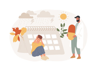 Seasonal affective disorder treatment isolated concept vector illustration. Seasonal depression treatment, affective disorder, mood swings, symptoms and treatment, mental health vector concept.
