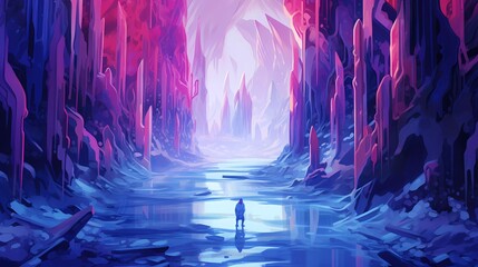 cartoon ice cave with stalagmites and a person in the middle - obrazy, fototapety, plakaty