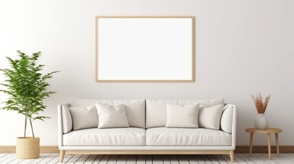 Empty frame on wall over sofa in living room as mockup template