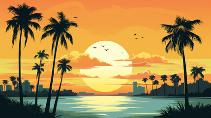 Fototapeta premium Sunset of big sun over ocean beach and palm trees as illustration