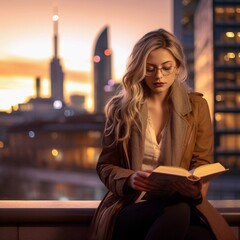 woman reading a book against the backdrop of a big city