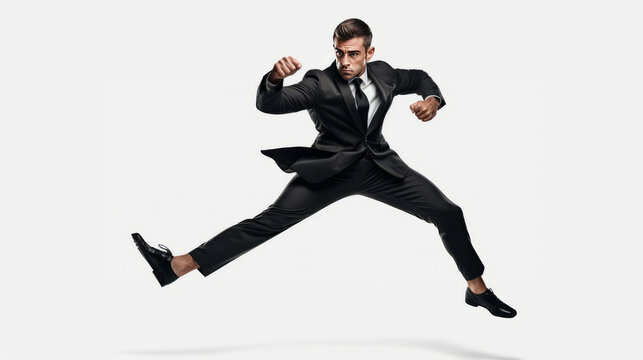 Businessman fighting and kicking while jumping - Powered by Adobe