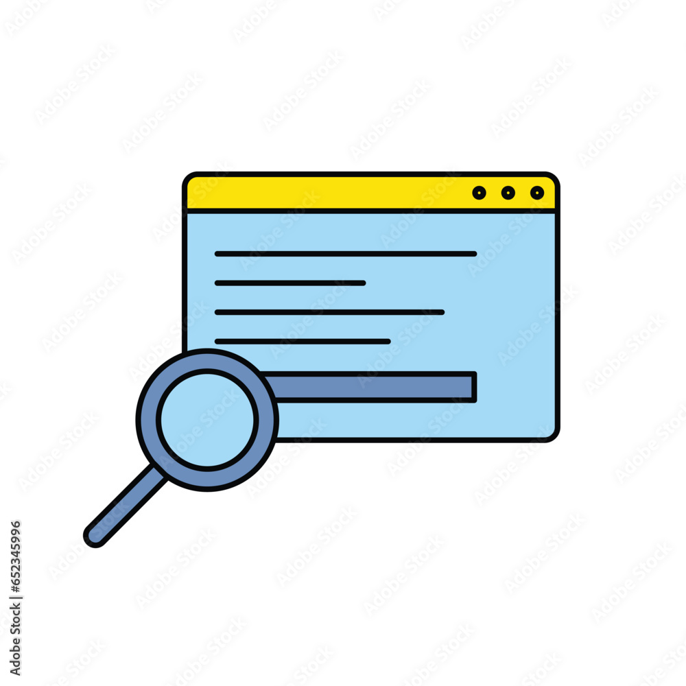 Sticker Browser Window Opened with Magnifier Search Concept Color Thin Line. Vector illustration of Website Screen Searching