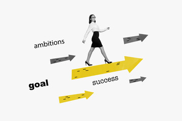 Exclusive magazine picture sketch collage image of purposeful lady walking achieving success isolated white color background
