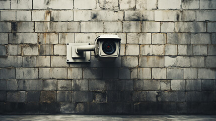Watchful Guardian, Modern CCTV Security Camera on a Old Brick Wall, Looking at You, Generative AI