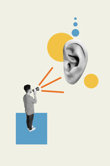 Artwork magazine collage picture of funky guy screaming toa big ear isolated drawing background