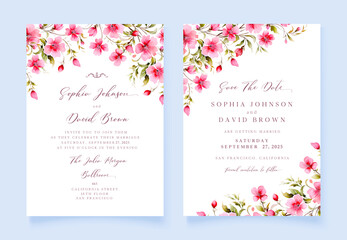 Watercolor Wedding invitation with wild flowers and Save The Date cards, vector template.