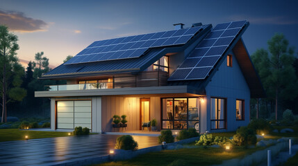 Solar panels installed and in use on roof of home - obrazy, fototapety, plakaty