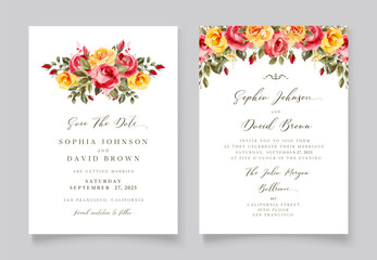 Vintage Floral Wedding Invitation, Save The Date , red and yellow roses flowers, antique wedding with Watercolor flowers.