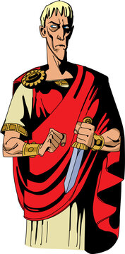 a Roman in a red toga with a dagger in his hand