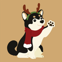 Simple and cute Christmas illustration of black Shiba Inu dog waving hand
