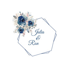 invitation wedding watercolor blue flower hexagonal frame 