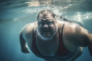 An athlete plus-sized swimmer during a training. Generative Ai.