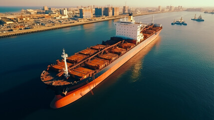 Aerial view of a long container cargo ship anchored at city port and shipyard