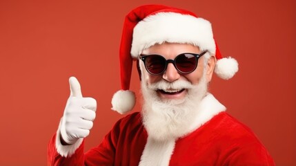 Happy and smiling Santa Claus in sun glasses, raises his thumbs up in approval, standing isolated against a colorful background