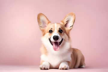 Smiling Corgi dog lying on colored background with copy space. Studio shot of a happy Corgi dog lying on the floor on light purple background. Pet love banner. Cute dogs concept