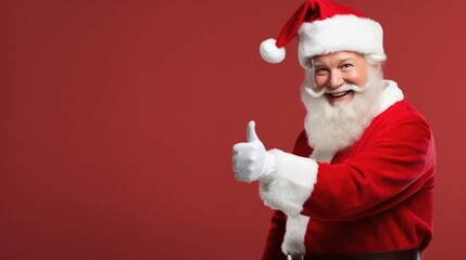 Happy and smiling Santa Claus, dressed in his iconic Christmas outfit, raises his thumbs up in approval, standing isolated against a colorful background