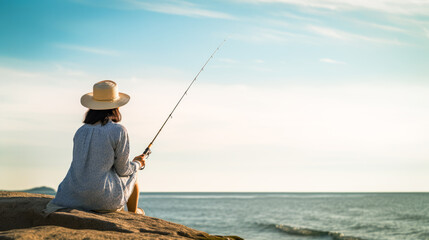 Serene angler woman lost in introspection while fishing at sea, a portrayal of calm, skill, and solitude against a soft horizon backdrop. - obrazy, fototapety, plakaty