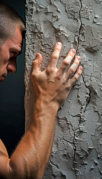 A man fighting against a cement wall, concept of stress, problems, complications, difficulties.