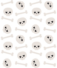 Vector seamless pattern of groovy skull and bones isolated on white background