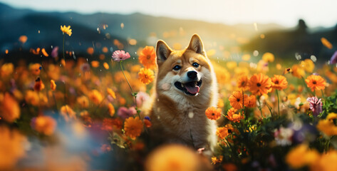 dog in the autumn forest, younger shiba inu colored flowers hd movie style  hd image