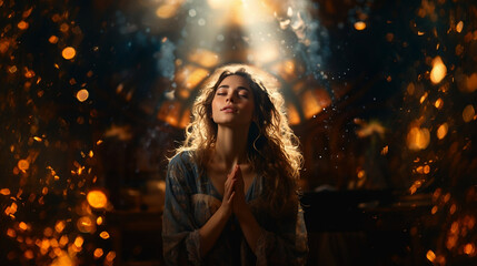 Schönes betendes Mädchen in Kirche mit Lichtstrahl - obrazy, fototapety, plakaty