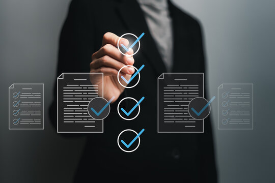 Smart checklist document management certificate and quality control concept, Businesswomen mark on checklist box database and process automation to efficiently manage files Standardization of  product